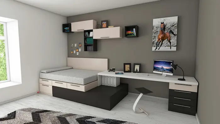 Une chambre d'étudiant où chaque espace a été optimisée grâce à des meubles fonctionnels. On y trouve un lit, un bureau et des espaces de rangement.