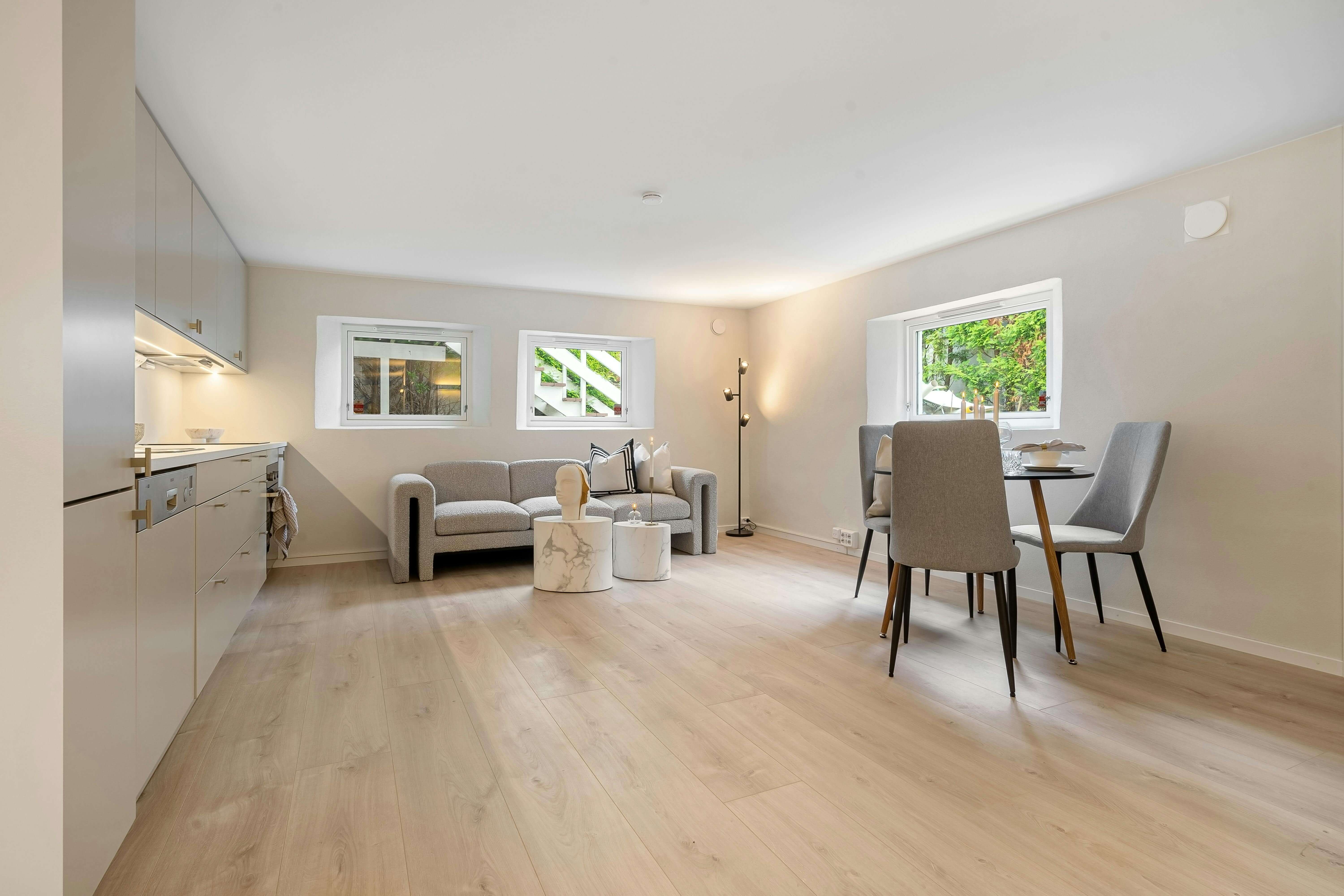 Studio meublé comportant une cuisine ouverte, une grande pièce pour séjour, chambre et salle à manger