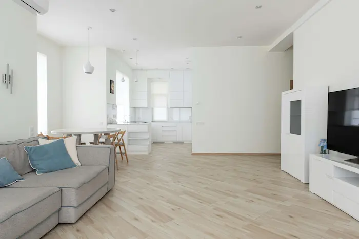 Un appartement à Grenoble meublé, spacieux et moderne, avec un salon, une table à manger et une cuisine ouverte. Un logement étudiant idéal à Grenoble pour une colocation étudiante.