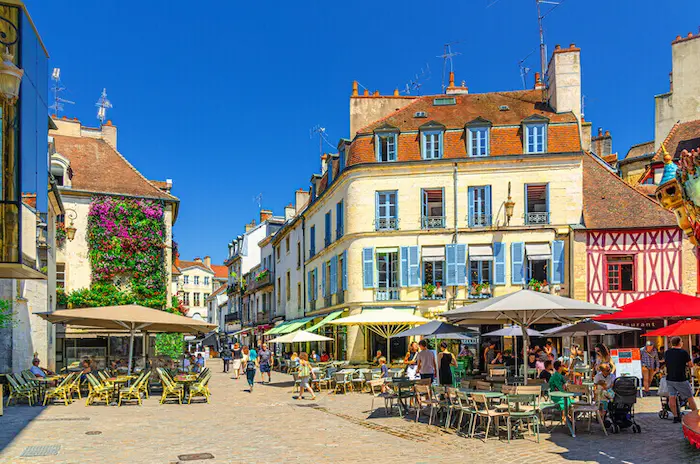 Photo de la ville de Dijon en France. L'image met en avant le charme de ses bâtiments où la colocation à Dijon est très demandée.